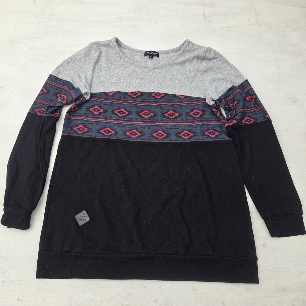 Simply Southern Collection Womens Large Aztec Colorblock Long Sleeve Grey Black